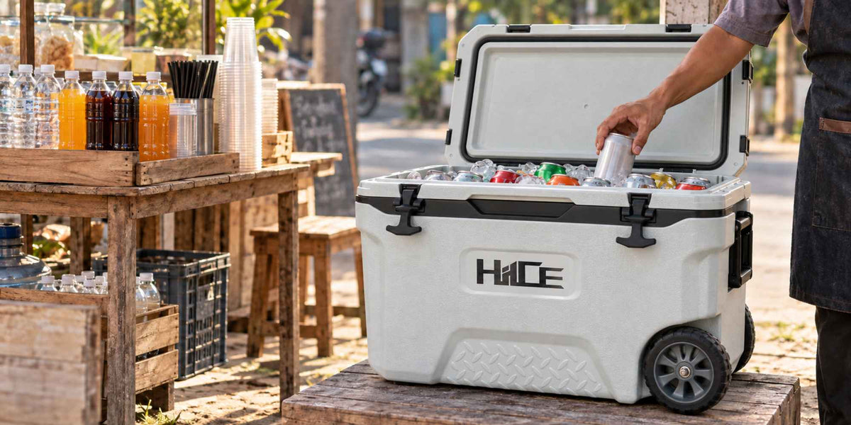 Cooler box HIICE PRO-TITAN terbuka berisi minuman kaleng dan es di samping lapak jualan kecil