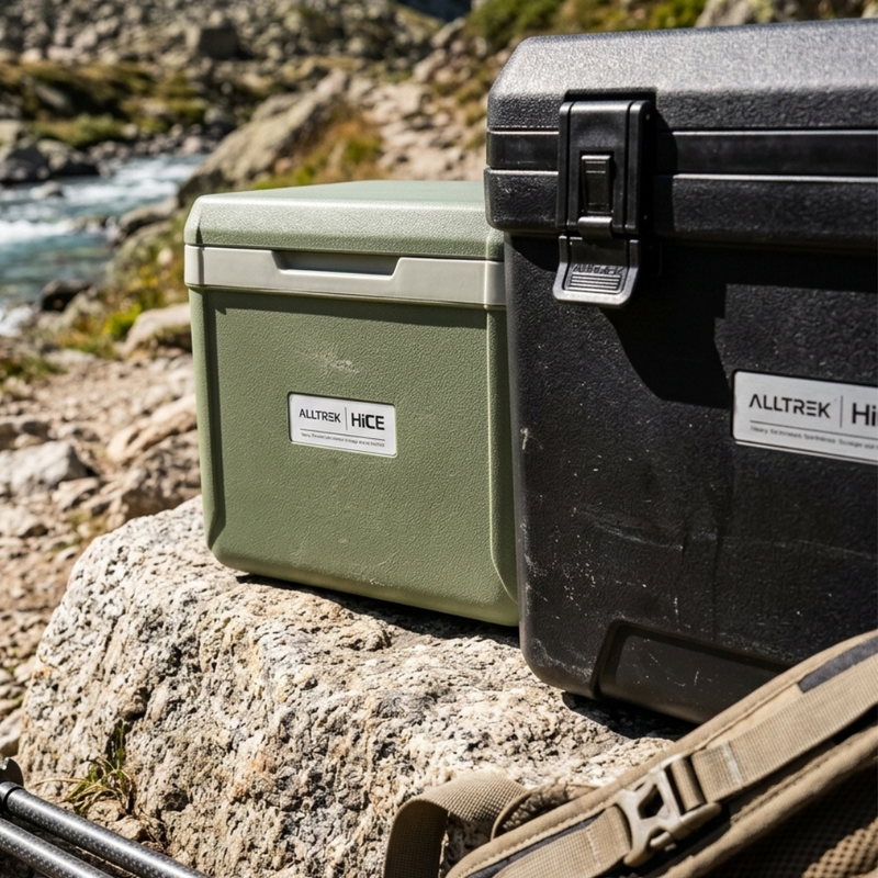 Cooler box HIICE ALLTREK warna hijau dan hitam di area pegunungan dekat sungai