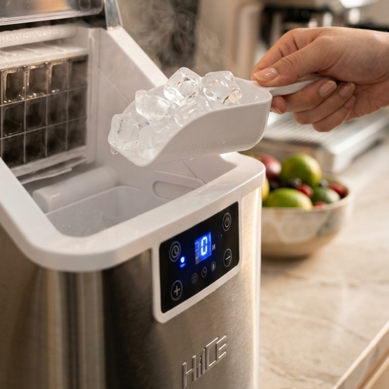 Tangan mengambil es kubus dari mesin pembuat es HIICE FREEZE Series