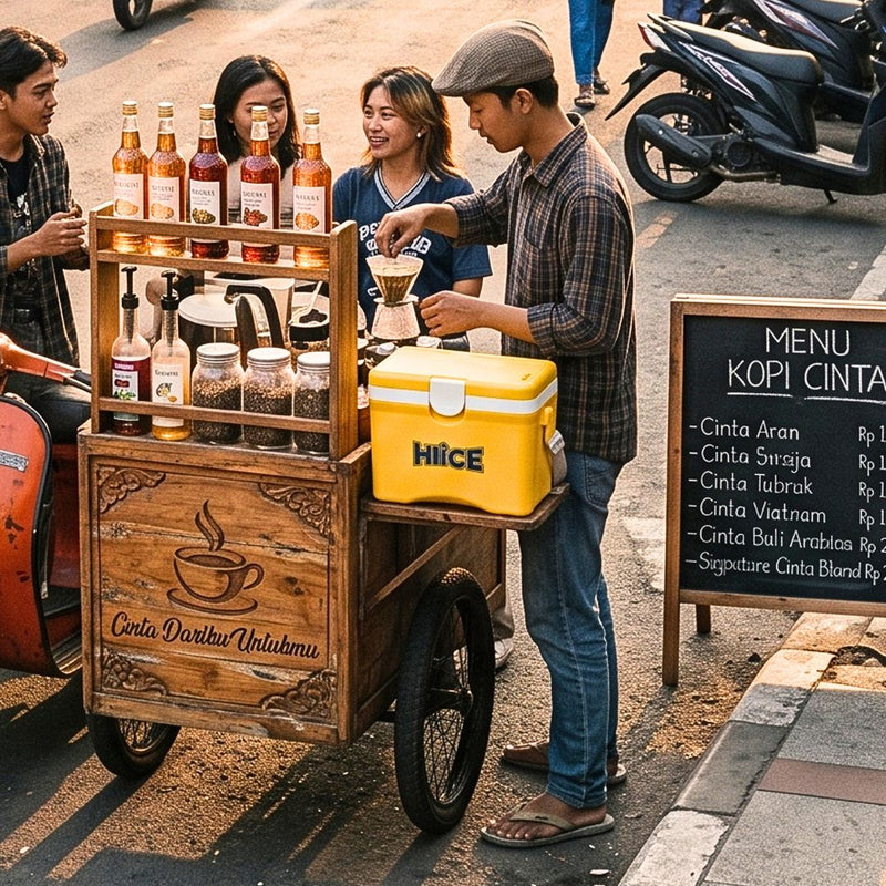 Cooler box HIICE warna kuning digunakan pada gerobak usaha minuman