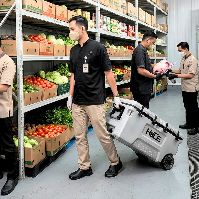 Cooler box beroda HIICE untuk operasional logistik bahan segar di gudang komersial