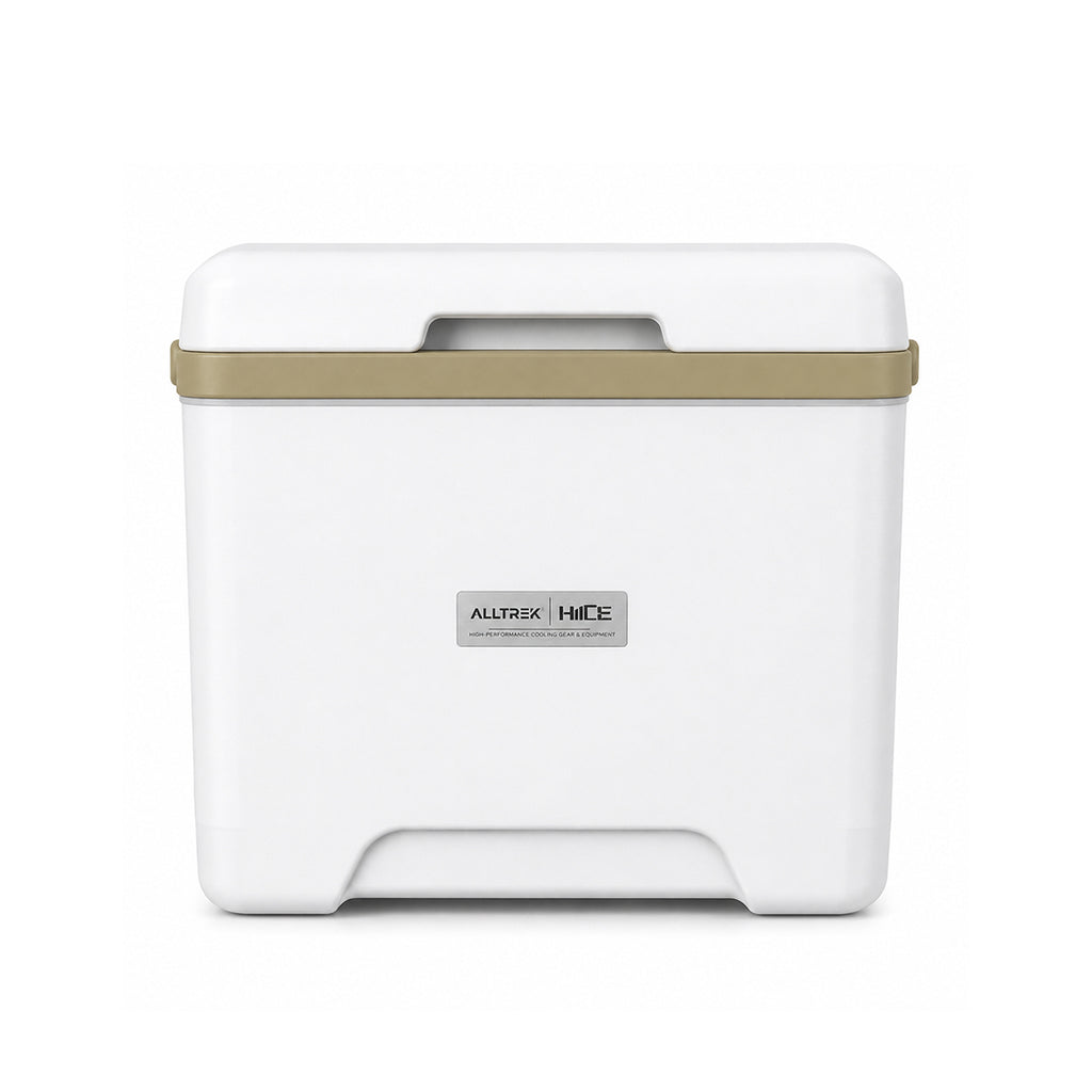 Cooler box HIICE ALLTREK 13L warna khaki dengan bodi putih dan pegangan cokelat muda, tampak depan.