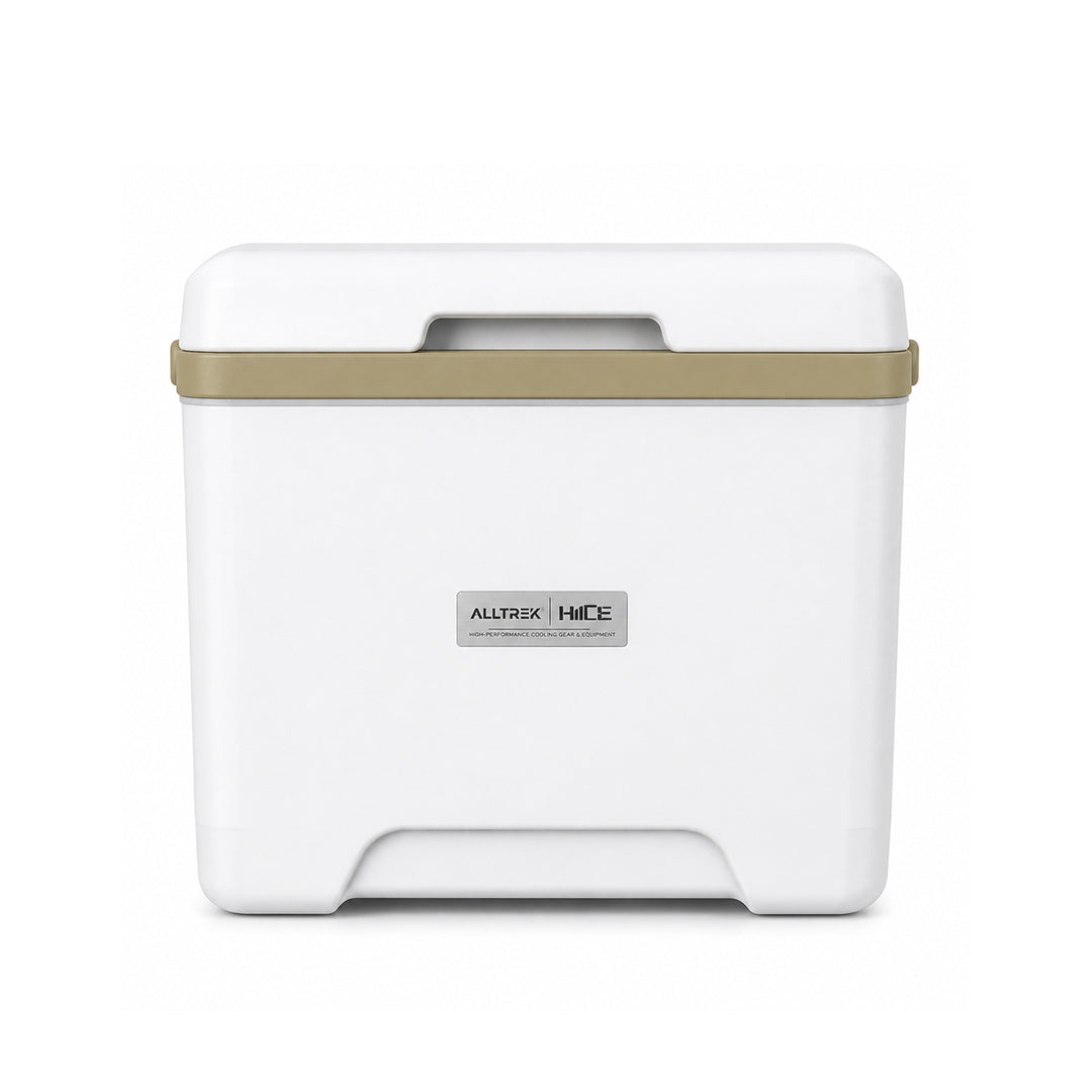 Cooler box HIICE ALLTREK 13L warna khaki dengan bodi putih dan pegangan cokelat muda, tampak depan.