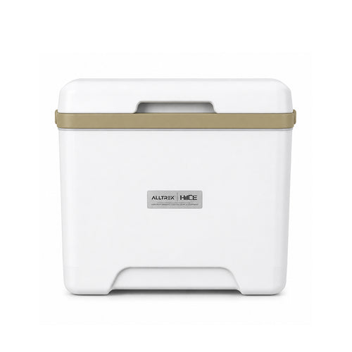 Cooler box HIICE ALLTREK 13L warna khaki dengan bodi putih dan pegangan cokelat muda, tampak depan.