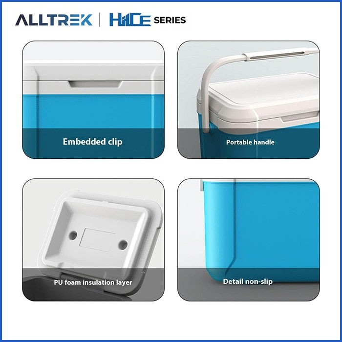 Detail bagian luar, bagian dalam, dan pegangan cooler box HIICE ALLTREK 5L warna biru
