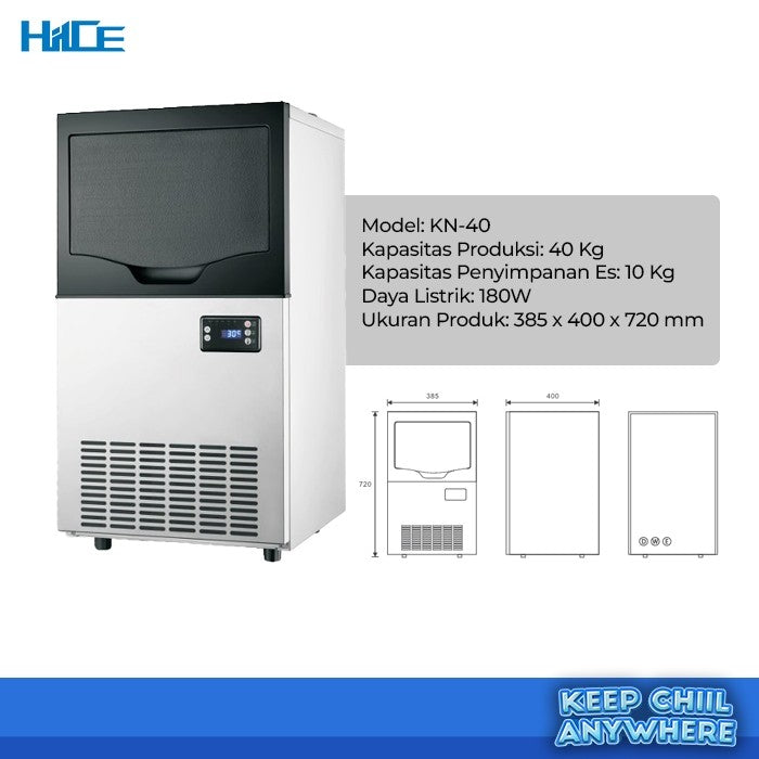 Dimensi dan spesifikasi mesin es HIICE FREEZE-COMPACT 40KG