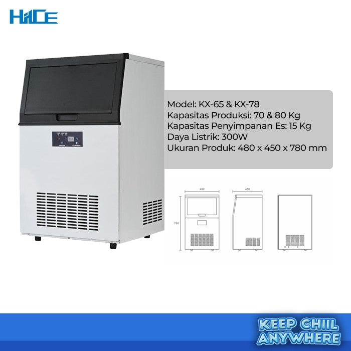 Dimensi dan spesifikasi mesin pembuat es HIICE FREEZE-GLAZIER 40KG