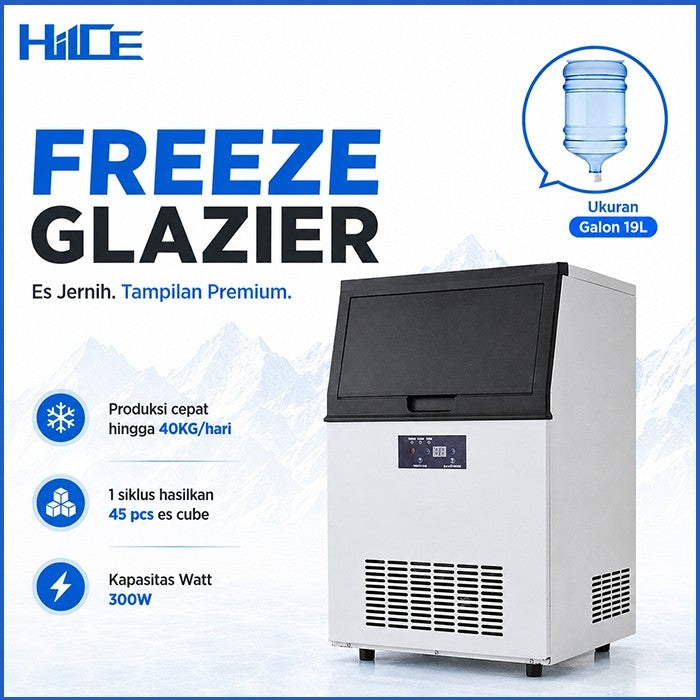 Infografik fitur utama mesin es HIICE FREEZE-GLAZIER 40KG