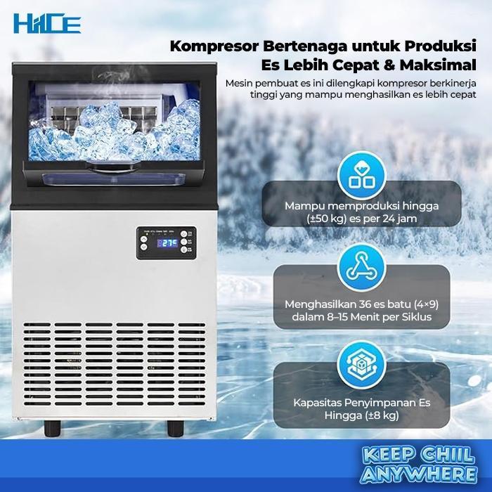 Infografik kompresor dan sistem pendinginan mesin es batu HIICE FREEZE-MINI