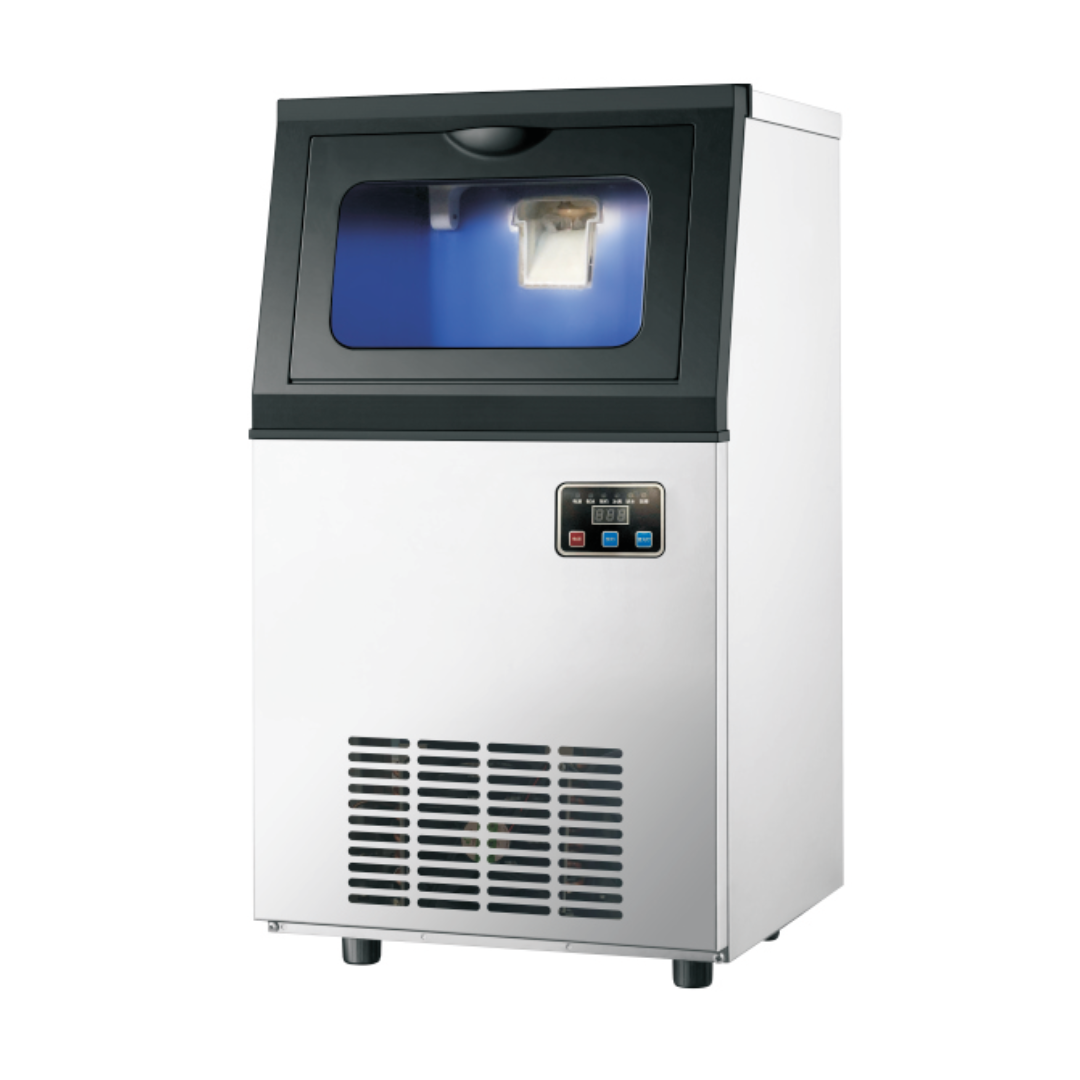 Mesin es serpih HIICE FREEZE-SNOW tampak depan dengan bodi putih dan panel hitam