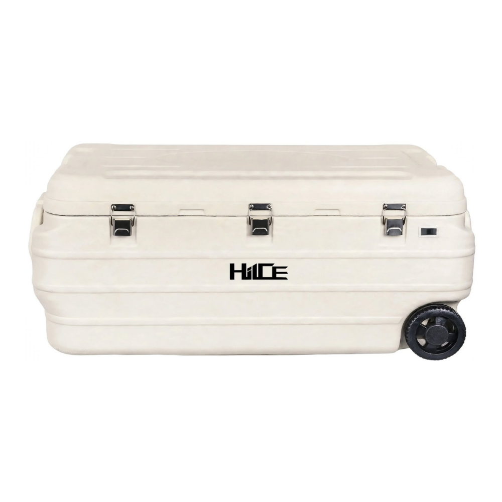Cooler box komersial HIICE PRO-FORTRESS 180L warna putih tampak samping dengan roda