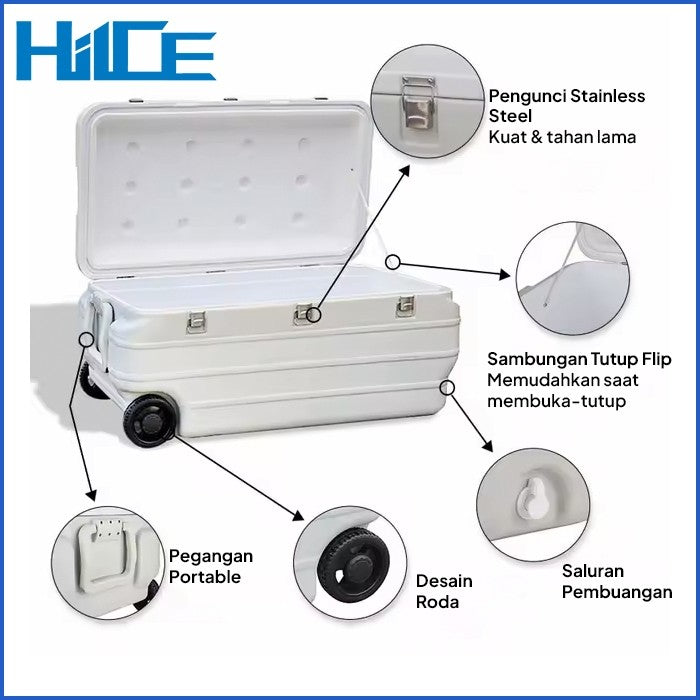 Detail termometer, pengunci, pegangan, dan saluran pembuangan HIICE PRO-FORTRESS 180L