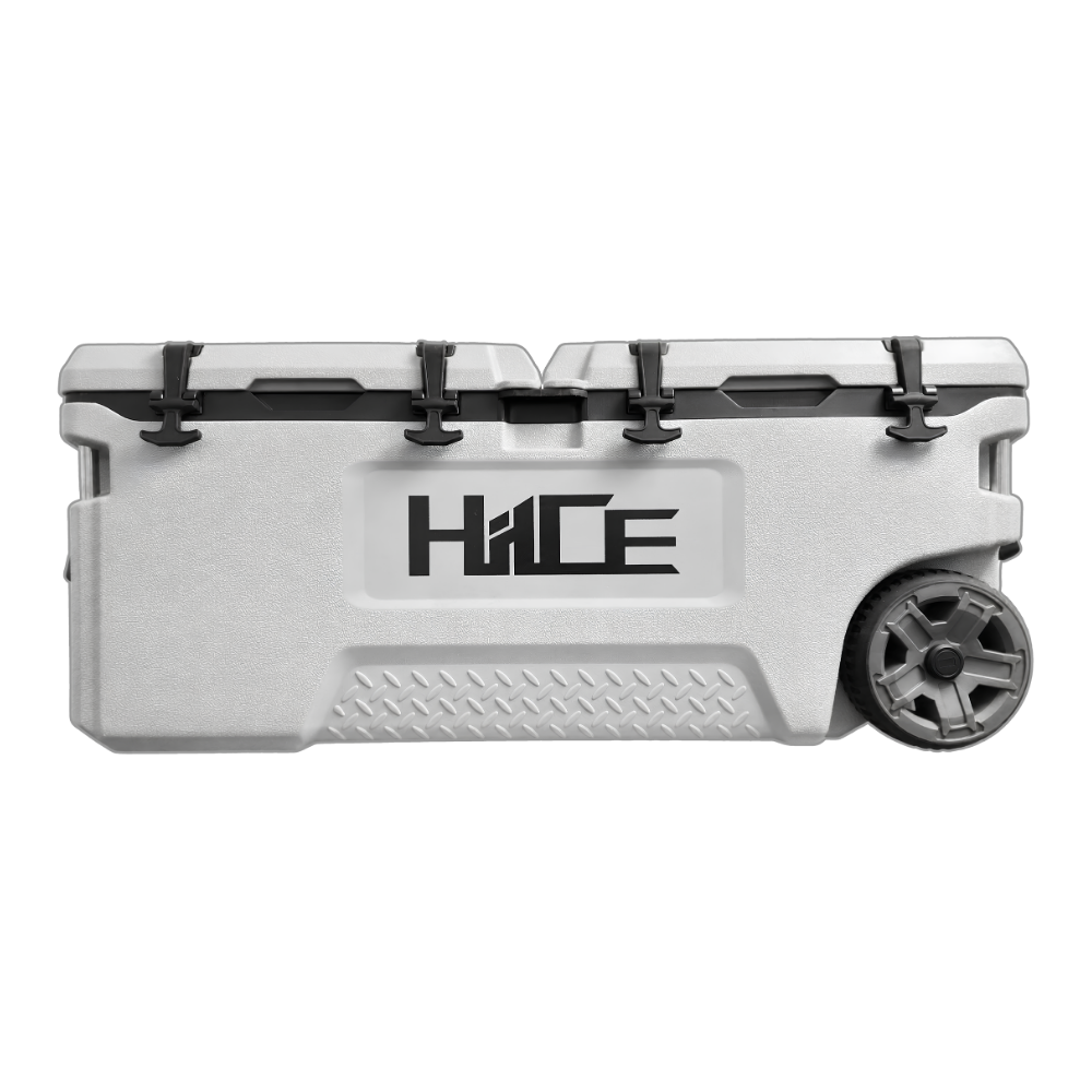 Cooler box beroda HIICE PRO-TITAN 120L warna abu-abu muda tampak samping