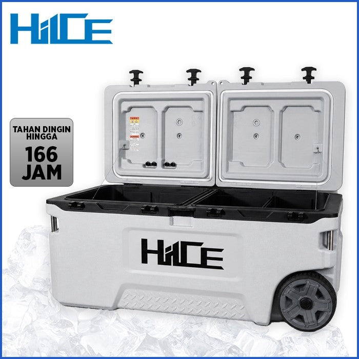 HIICE PRO-TITAN 120L dengan tutup terbuka dengan infografik ketahanan dingin 166 jam
