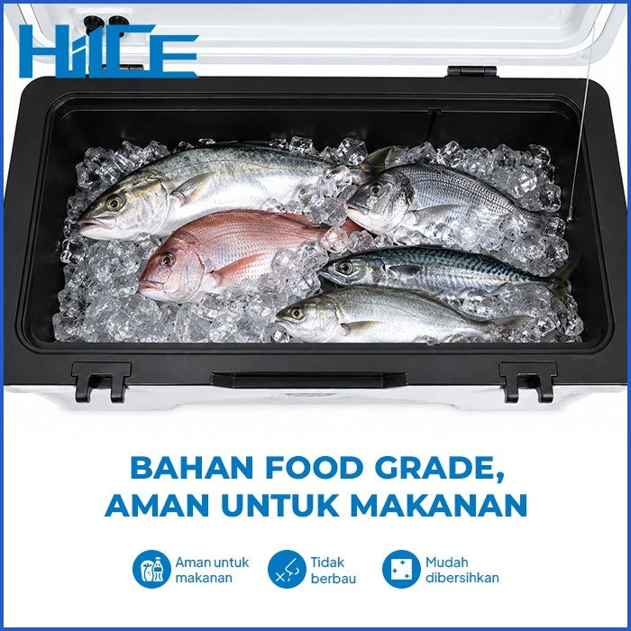 Bahan makanan dan ikan disimpan dengan es di dalam HIICE PRO-TITAN 50L