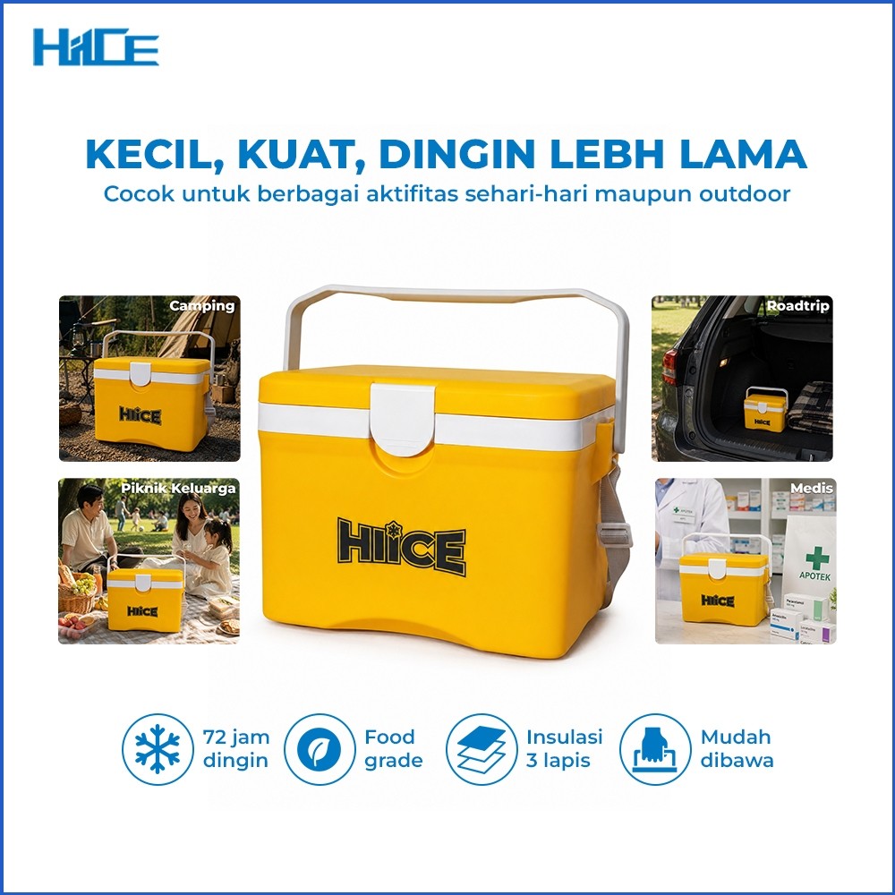 Infografik fitur dan penggunaan cooler box HIICE X-PLORE 10L Yellow